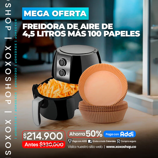 Freidora de aire de 4.5 litros + 100 papeles antiadhrentes